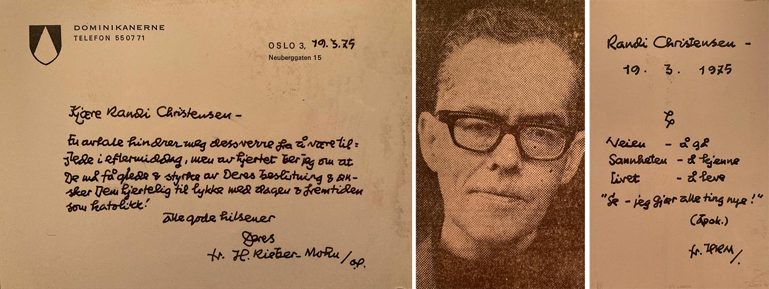 Hilsen fra Hallvard Rieber Mohn til moren min på dagen hun ble konvertert, 19. mars 1975.